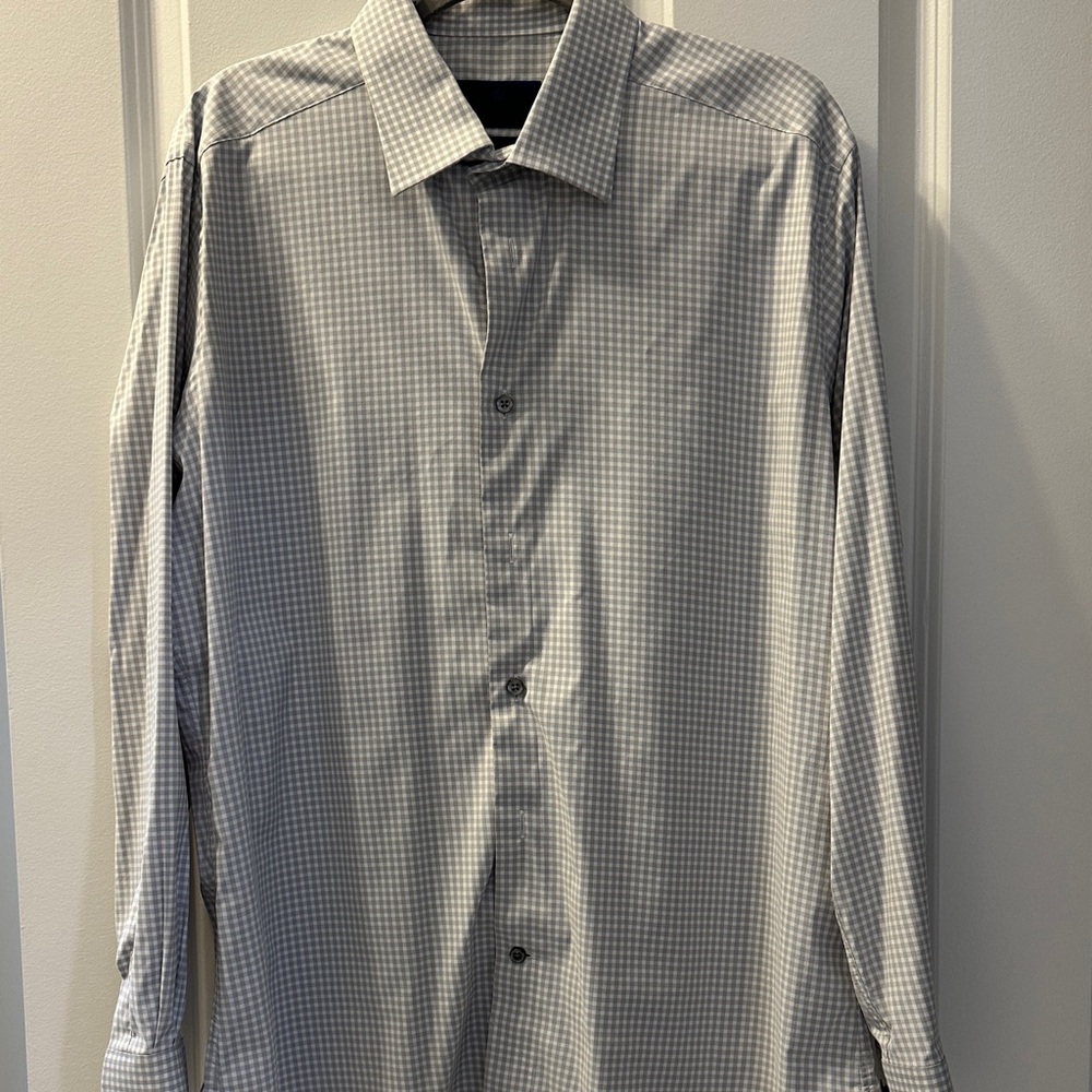David Donahue Performance Trim Fit Gray Checkered Dress Shirt